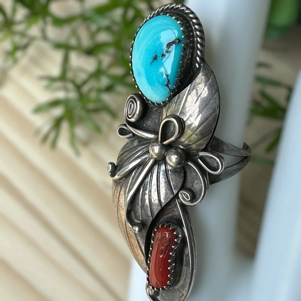 VTG‎ Navajo Ring Size 6.75 Turquoise Coral Floral Leaves Sterling Signed C 8.9g